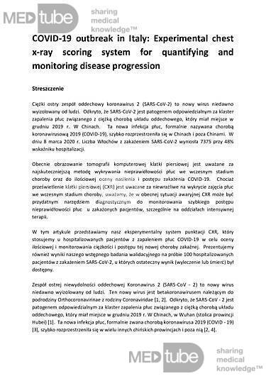 COVID-19 we Włoszech: Eksperymentalny system punktacji rentgenowskiej klatki piersiowej do oceny ilościowej i monitorowania postępu choroby