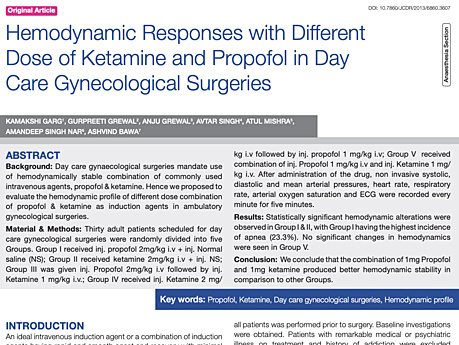 Odpowiedź hemodynamiczna na różne dawki ketaminy i propofolu podczas pobytów ambulatoryjnych na oddziale chirurgii ginekologicznej